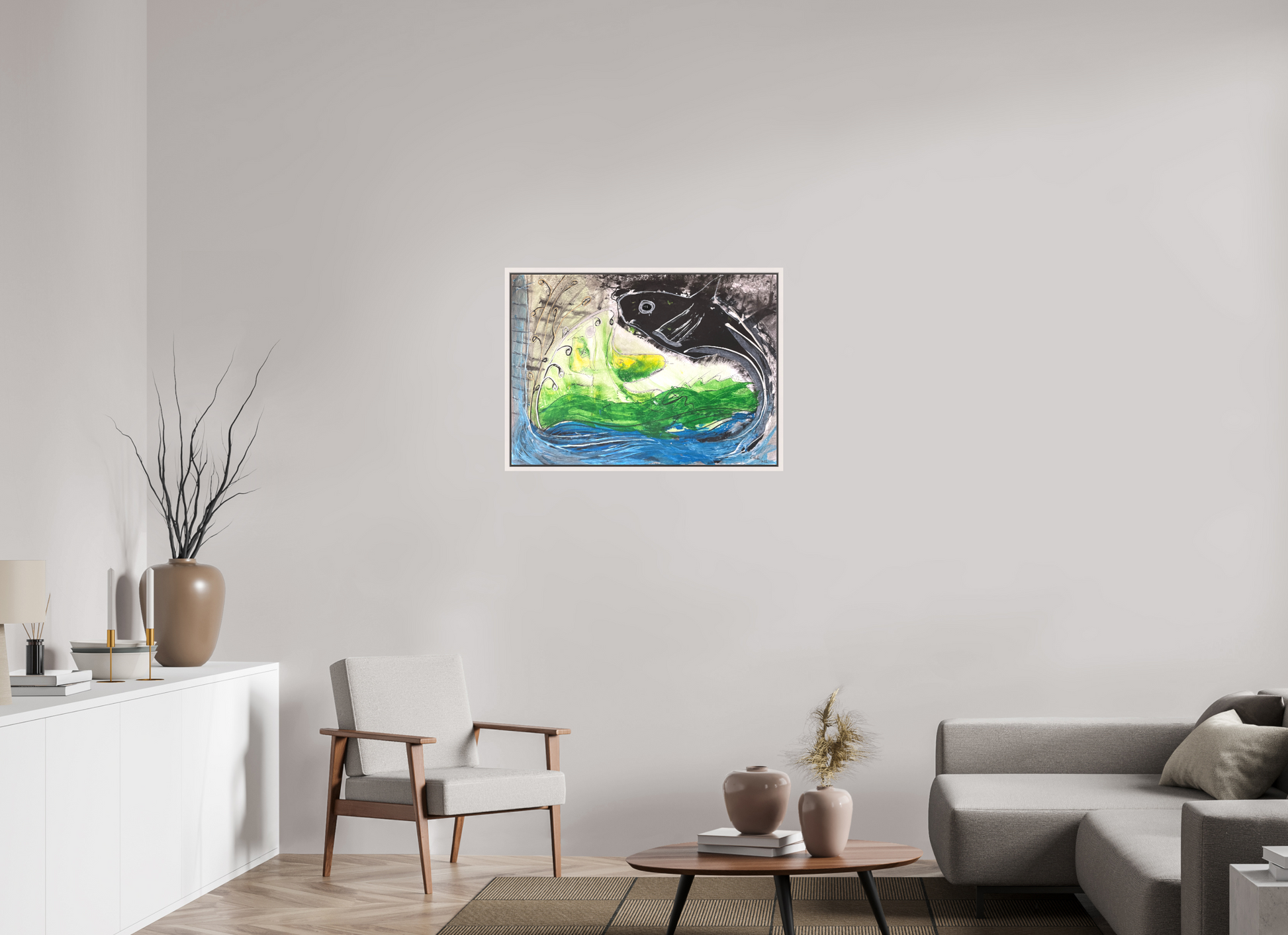 84,2 x 60 cm, Leinwandprint, matt, Ahorn weiß "Fishing for YinYang" - Leinwandprint