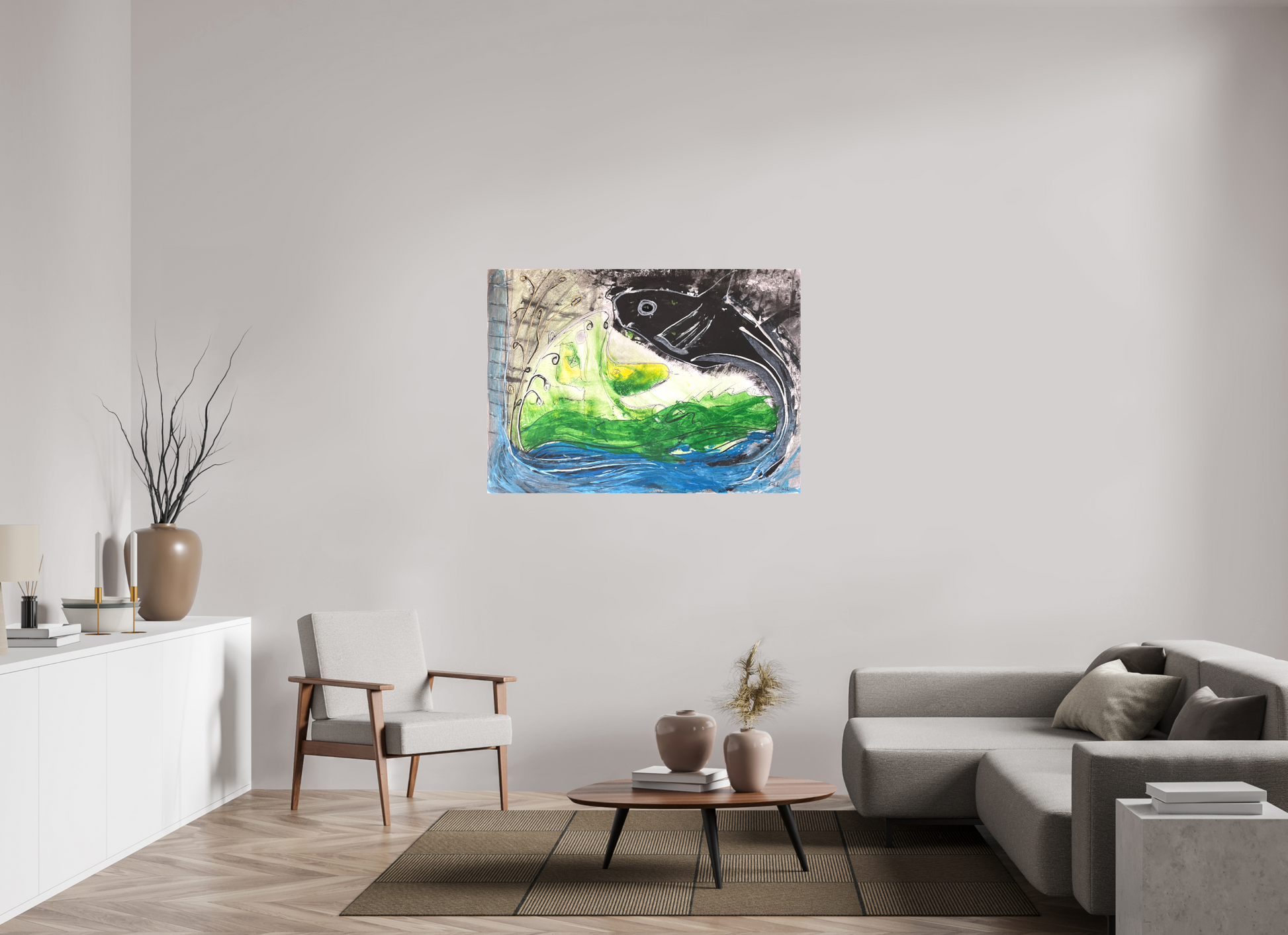 126,2 x 90 cm, Leinwandprint, matt, ohne Rahmen "Fishing for YinYang" - Leinwandprint